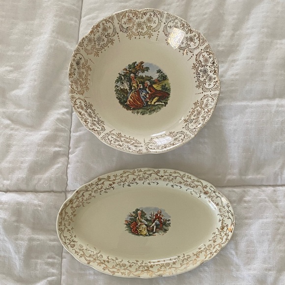 Other - Citro Vintage-Inspired Cream and Brown Decorative Serving Bowl and Platter Set